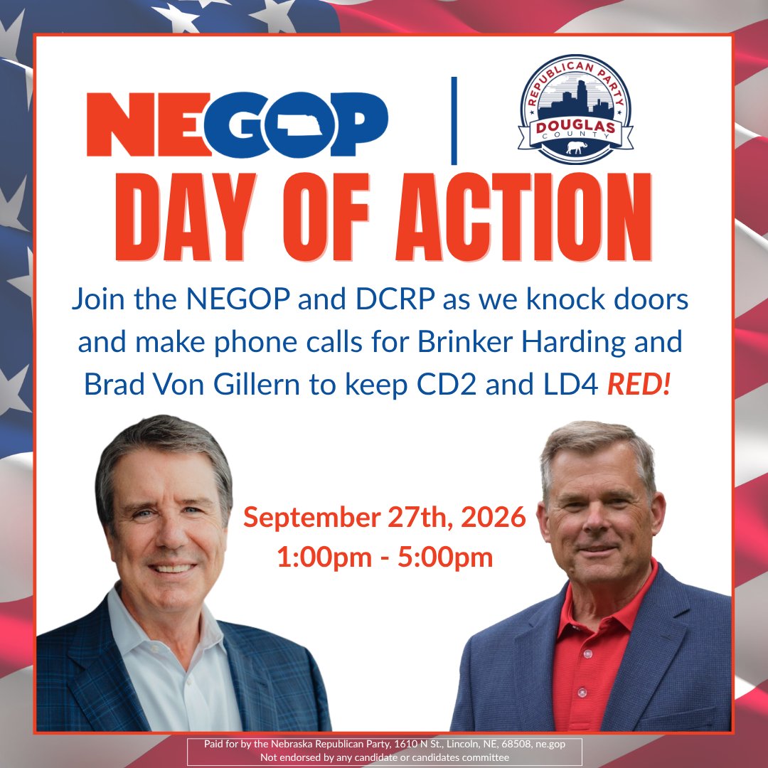 NEGOP's tweet photo. Republicans are putting in the work!

We're knocking doors and making calls for Brinker Harding and Brad Von Gillern to keep CD2 and LD4 red.

Sign up: https://t.co/HvK5ahTb4m https://t.co/HiazJR7i4c