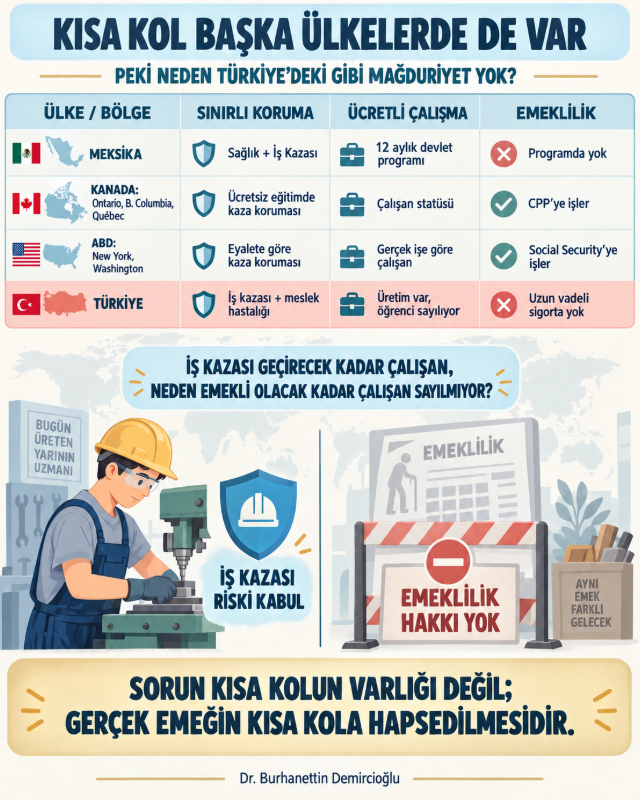 bdemircioglu's tweet photo. KISA KOL BAŞKA ÜLKELERDE DE VAR; PEKİ NEDEN TÜRKİYE’DEKİ GİBİ MAĞDURİYET YOK?

Çırak ve stajyerlere yalnızca kısa vadeli sigorta uygulanması sadece Türkiye’de görülen bir yöntem değildir. Meksika’da, Kanada’nın Ontario, British Columbia ve Québec eyaletlerinde; ABD’nin New York ve Washington gibi bazı eyaletlerinde öğrenci, stajyer ve mesleki eğitim görenlere yönelik sınırlı iş kazası korumaları bulunmaktadır.

Fakat benzerlik burada sona ermektedir.

Çünkü bu ülkelerde eğitim amacıyla işyerinde bulunmak ile ücret karşılığında üretime katılmak birbirinden ayrılmaktadır.

Ücretsiz ve gözleme dayalı bir uygulama söz konusuysa öğrenci yalnızca iş kazası veya sağlık koruması kapsamında tutulabilir. Ancak kişi işyerinin emir ve denetimi altında çalışıyor, üretime katılıyor ve ücret alıyorsa öğrenci sıfatı gerçek çalışma ilişkisini ortadan kaldırmamaktadır. Bu durumda çalışan statüsü öne çıkmakta ve elde edilen kazanç emeklilik sistemine yansımaktadır.

MEKSİKA TÜRKİYE’YE EN YAKIN ÖRNEKTİR

Meksika’daki “Jóvenes Construyendo el Futuro” programında 18–29 yaş arasındaki, çalışmayan ve eğitim görmeyen gençler işyerlerinde en fazla 12 ay mesleki eğitim almaktadır. Bu gençlere devlet tarafından burs verilmekte; hastalık, analık ve iş kazası risklerine karşı sağlık güvencesi sağlanmaktadır. Ancak bu özel program süresince emeklilik primi yatırılmamaktadır.

Bu yönüyle Türkiye’deki kısa kol uygulamasına benzemektedir. Fakat program yetişkinlere yöneliktir, süresi sınırlıdır ve verilen ödemenin işveren ücreti değil devlet bursu olduğu açıkça belirtilmektedir.

Dolayısıyla Meksika’da da tartışılabilecek bir emeklilik boşluğu vardır. Ancak bu uygulama, Türkiye’de çocuk yaşta başlayan ve yıllar sonra emeklilik başlangıcını etkileyen tarihsel bir mağduriyet hâline dönüşmemiştir.

KANADA’DA ÜCRETLİ ÇALIŞMA EMEKLİLİKTEN KOPARILMIYOR

Kanada’da iş kazası sigortası eyaletler tarafından uygulanmaktadır.

Ontario’da ücretsiz işyeri eğitimine gönderilen bir öğrencinin iş kazası güvencesi eğitim kurumu veya devlet üzerinden sağlanabilmektedir. İşyerinin öğrenciye ücret ödemesi hâlinde ise işyeri, işveren kabul edilmektedir.

British Columbia’da ücretsiz uygulama öğrencileri belirli şartlarla iş kazası bakımından korunmaktadır. Québec’te ise ücretli stajyer açık biçimde çalışan sayılmakta ve otomatik olarak iş kazası sigortasına alınmaktadır.

Kanada’daki temel ayrım şudur:

Ücretsiz eğitim uygulaması yalnızca kaza sigortasıyla korunabilir; fakat ücretli ve gerçek çalışma varsa emeklilik primi de devreye girer.

Çalışan 18 yaşını doldurduğunda, kazancı üzerinden Kanada Emeklilik Planı kapsamında prim ödenmeye başlanmaktadır. Böylece iş kazası koruması ile emeklilik hakkı birbirinin alternatifi yapılmamaktadır.

ABD’DE “STAJYER” DENİLEREK GERÇEK ÇALIŞMA GİZLENEMİYOR

ABD’de kurallar eyaletlere göre değişmekle birlikte yine çalışmanın gerçek niteliğine bakılmaktadır.

New York’ta ücretsiz bir stajyer bile belirli şartlarda çalışan kabul edilebilmektedir. Eğitim ve deneyimin ekonomik bir değer oluşturması, işyerinin kişi üzerindeki denetimi ve yapılan işin niteliği birlikte değerlendirilmektedir.

Washington eyaletinde ücretli stajyerlerin iş kazası sistemine bildirilmesi zorunludur. Ücretsiz öğrenciler içinse daha sınırlı ve çoğunlukla sağlık yardımı sağlayan özel korumalar bulunmaktadır.

Ancak kişi ücretli olarak çalışıyorsa kazancı federal Social Security sistemine kaydedilmekte ve emeklilik kredisi oluşturmaktadır. Emeklilik hakkı, Türkiye’de olduğu gibi ilk işe giriş tarihinin tek başına belirlediği keskin kademelere değil, kazanılan çalışma kredilerine ve yıllar içindeki kazançlara dayanmaktadır.

TÜRKİYE’DE NEDEN BÜYÜK BİR MAĞDURİYET OLUŞTU?

Türkiye’de aday çıraklar, çıraklar ve işletmelerde mesleki eğitim gören öğrenciler adına sigorta bildirimi yapılmakta; fakat yalnızca iş kazası, meslek hastalığı ve hastalık sigortası uygulanmaktadır.

Devlet bu kişilerin işyerinde bulunduğunu kabul etmekte, onlara sigorta sicil numarası vermekte ve karşılaşabilecekleri mesleki riskleri sigortalamaktadır. Buna rağmen aynı çalışma dönemini malullük, yaşlılık ve ölüm sigortaları yönünden yok saymaktadır.

Asıl çelişki tam olarak buradadır:

Bir kişinin iş kazası geçirebilecek kadar çalışan olduğu kabul ediliyor; fakat emekli olabilecek kadar çalıştığı kabul edilmiyor.

Üstelik Türkiye’de ilk sigortalılık tarihi yalnızca bir kayıt tarihi değildir. Özellikle 8 Eylül 1999 sınırı nedeniyle bir günlük fark bile emekliliği yıllarca geciktirebilmektedir.

Bu nedenle çocukluk ve gençlik yıllarında üretime katılan, makine başında çalışan, iş kazası riski taşıyan çırak ve stajyerler; yıllar sonra emeklilik başvurusu yaptıklarında o günlerinin yok sayıldığını görmektedir.

SORUN KISA KOLUN VARLIĞI DEĞİL, EMEĞİN KISA KOLA HAPSEDİLMESİDİR

Başka ülkelerde de öğrenci ve stajyerlere yönelik sınırlı sigorta uygulamaları bulunması, Türkiye’deki sistemin doğru olduğunu göstermez.

Çünkü bu ülkelerin önemli bölümünde ücretsiz eğitim ile ücretli üretim birbirinden ayrılmaktadır. Gerçek çalışma başladığında kişi çalışan statüsüne geçirilmekte ve kazancı emeklilik hesabına dâhil edilmektedir.

Türkiye’de ise eğitim görüntüsü altında üretime katılan çırak ve stajyerlerin emeği, yıllarca kısa vadeli sigortaya hapsedilmiştir.

Bu insanlar sigortasız değildir; fakat sigortalılıklarının en önemli bölümü eksik bırakılmıştır. İşyerindeki varlıkları kabul edilmiş, emekleri kullanılmış, riskleri kayda alınmış; ancak emeklilik hakları tanınmamıştır.

Sonuç olarak mesele, “Başka ülkelerde de kısa kol var mı?” sorusundan ibaret değildir. Asıl sorulması gereken şudur:

Kişi eğitim mi görüyor, yoksa işyerinin üretimine fiilen emek mi veriyor?

Eğitim geri planda, üretim ön plandaysa buna yalnızca staj veya çıraklık denilerek emeklilik hakkı ortadan kaldırılamaz.

Çırak ve stajyerlerin borcu yoktur; geçmişten gelen hak ve emek alacağı vardır. Çözüm de bu emeği yeniden borçlandırmak değil, çalışılmış günleri tüm sigorta kolları bakımından teslim etmektir.