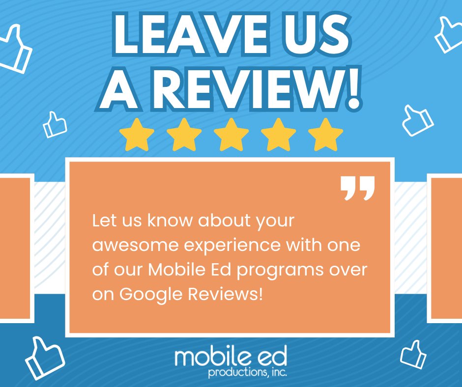 MobileEdProd's tweet photo. Your feedback means a lot to us! If you've hosted one of our assemblies, we'd appreciate it if you took a moment to leave us a review. Google reviews are a great way to support small businesses like Mobile Ed and help more than you know.
#leaveusareview #MobileEd https://t.co/er4CaAZDrX