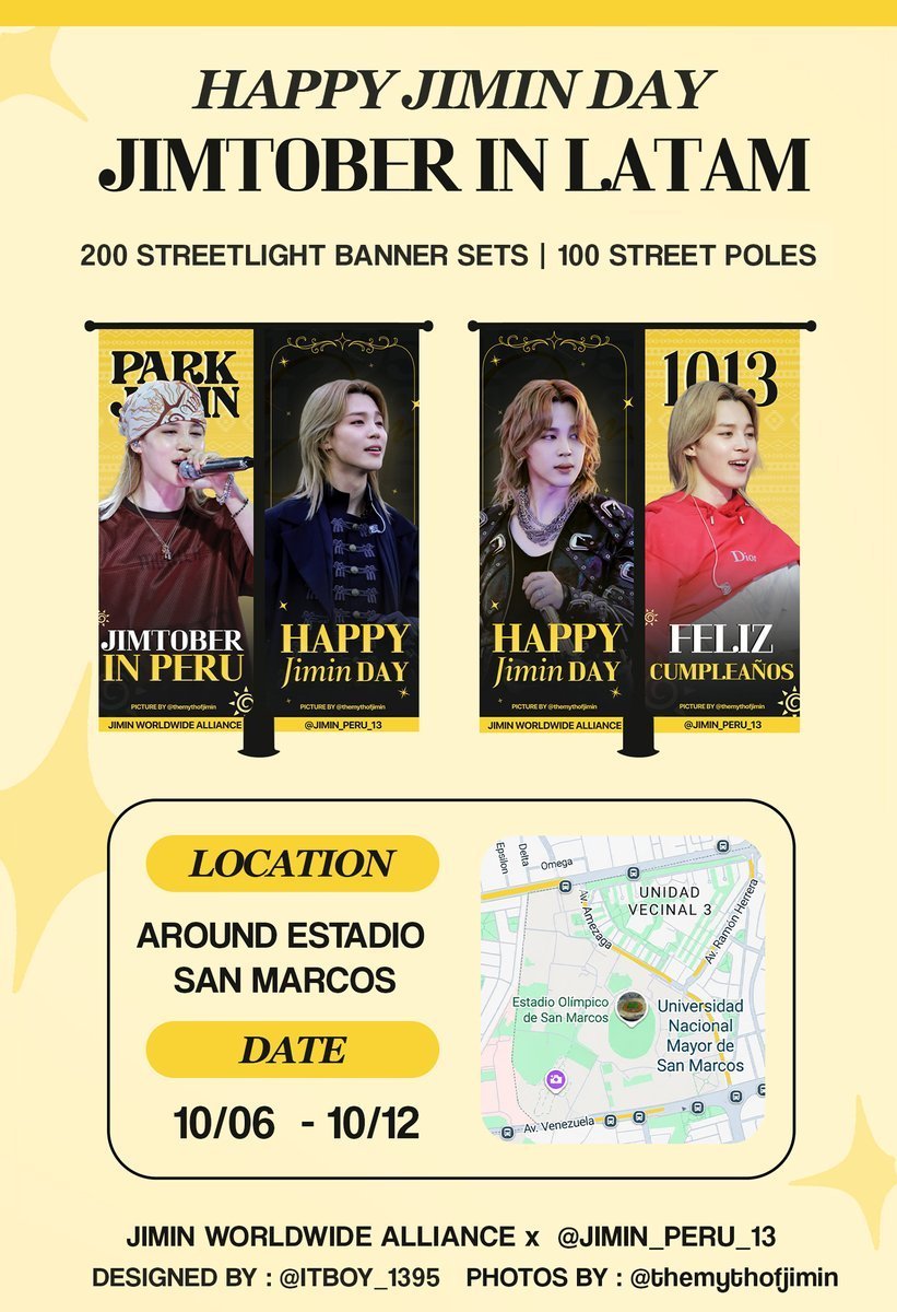 StreamForJM's tweet photo. ✨ APOYO A JIMIN 2026 ✨

JIMTOBER EN LATAM
🇵🇪 PROYECTO PERÚ: BANDERAS EN POSTES DE LUZ
200 conjuntos de banderas | 100 postes de luz 

🗓️ 10.06 (Mar) – 10.12 (Lun)
📍 Alrededores del Estadio San Marcos, Lima 

Para celebrar el cumpleaños de Jimin, JIMIN WORLDWIDE ALLIANCE está cubriendo las calles de Lima, Perú con banderas! 💛 

Agradecimientos Especiales:
Diseño de Banderas: @ITBOY_1395
Crédito de Foto: @themythofjimin
Socio de Fanbase: @JIMIN_PERU_13 

🏷️ ¡Por favor, etiqueta a @ThePJMSoc_BU al publicar tus fotos! 

TOGETHER FOR JIMIN
JIMIN WORLDWIDE ALLIANCE
WITH JIMIN TILL THE END
#JIMIN #JIMIN_ROAD