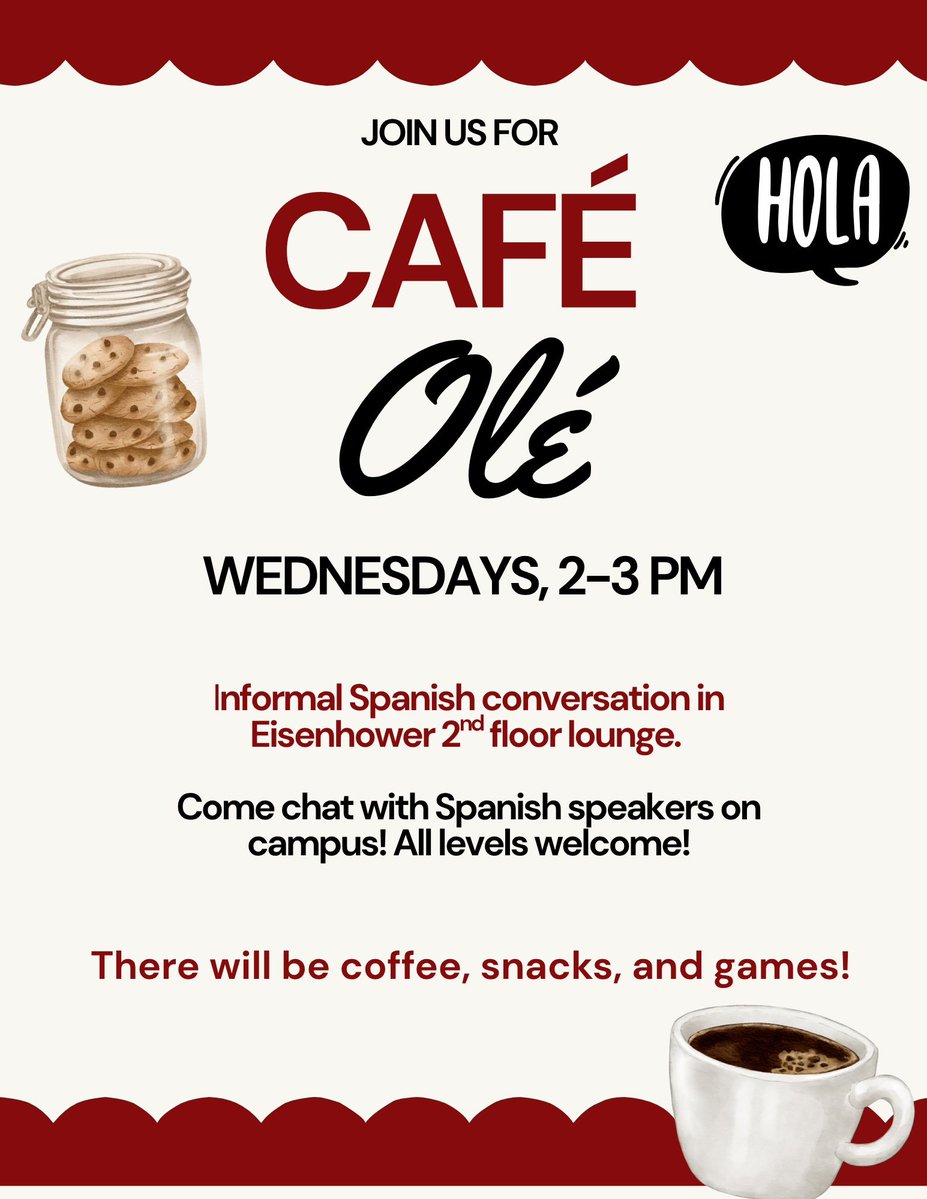 kstatespanish's tweet photo. Join us today for CAFE OLE - Dr. Courbou, Dr. Hansen, and Susanna will be today's hosts. Drop by between 2-3pm, all levels welcome! We'll have coffee and a snack, and you're  always welcome to BYO-lunch or snacks, too! https://t.co/AqP6HqPgGQ