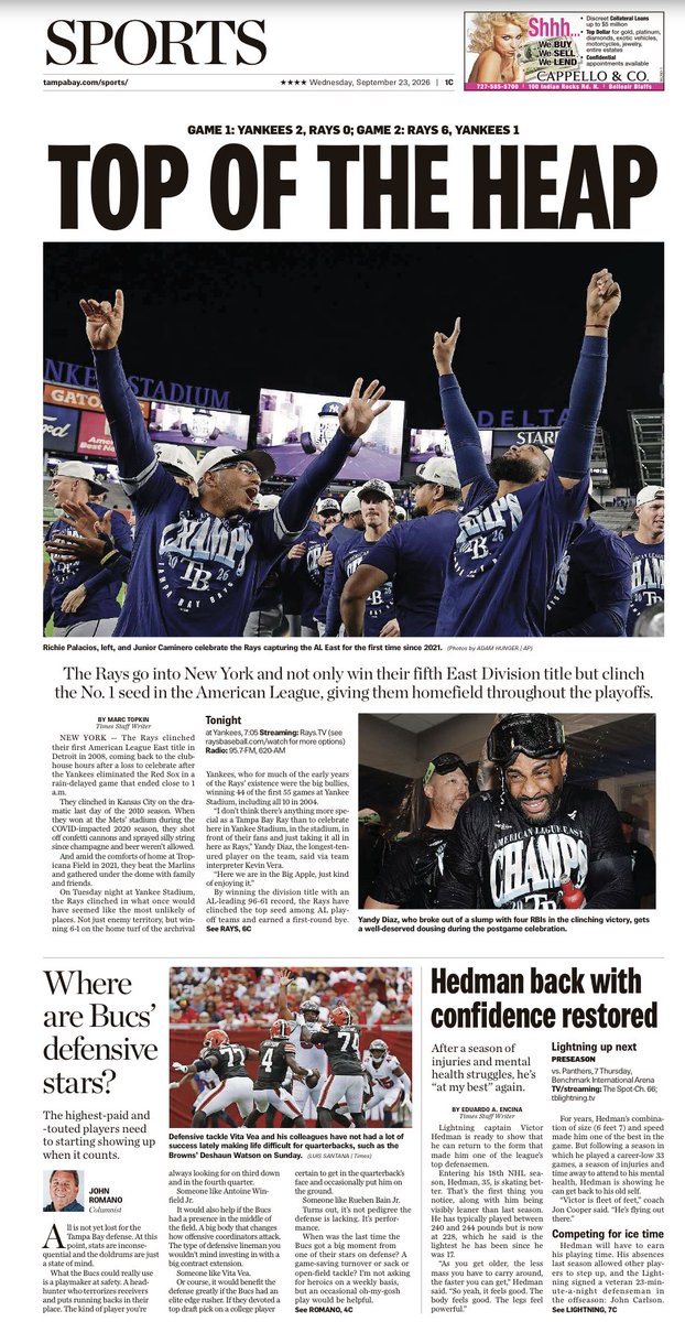 TBTimes_Rays's tweet photo. Today’s @TB_Times e-edition front sports page: https://t.co/XyJ1GH5dIS