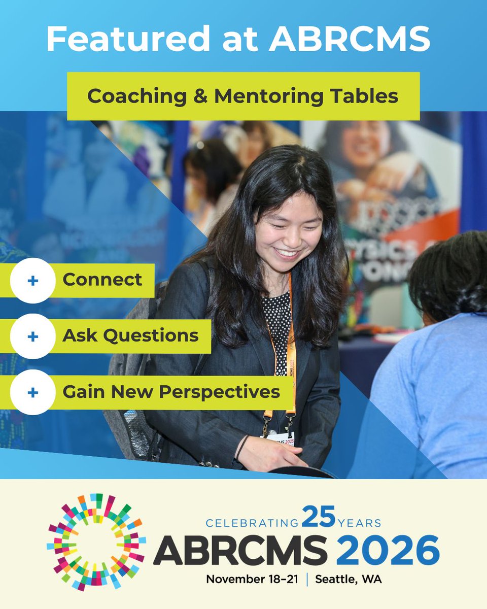 ABRCMS's tweet photo. 🤝 Coaching &amp; Mentoring Tables are coming to #ABRCMS2026!

Connect with mentors and coaches, ask questions and gain insights to help you navigate what comes next.

🔗 Register for ABRCMS 2026: https://t.co/Vrc8N1Xd9P

#STEM #Mentorship https://t.co/jOfeisFt5d