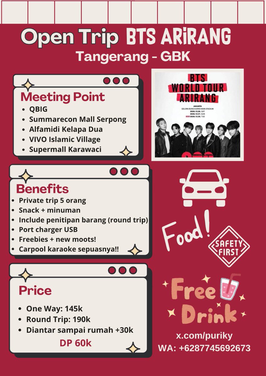 puriky's tweet photo. [ OPEN TRIP KONSER BTS ARIRANG ]

Warga Tangsel & sekitarnya, merapat! 

Mau nonton konser tapi males pusing mikirin macet atau drama rebutan ojol pas bubaran? Yuk, bareng kita aja!

📍 Titik Kumpul: 
- Gading Serpong
- BSD 
- Kelapa Dua

Slot terbatas banget! Chat DM / WhatsApp sekarang buat booking kursi kalian! 🚀