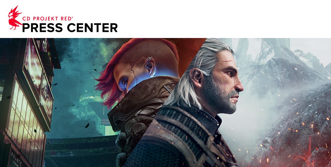 Header image for the CD Projekt Red Press Center, featuring key art from Cyberpunk 2077 and The Witcher 3: Wild Hunt. The CD Projekt Red logo appears at the top, alongside the title “Press Center”. On one side, V is shown in profile, facing left, with Night City in the background. On the other, Geralt of Rivia is shown in profile, facing right, with snowy mountains behind him and glowing sparks floating in the foreground.