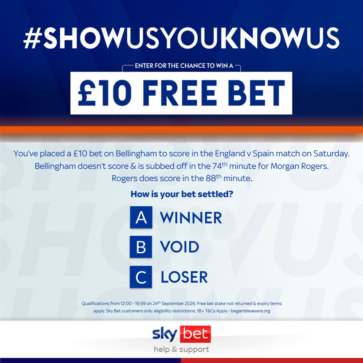 SkyBetHelp's tweet photo. 🏆 Follow SkyBetHelp &amp; reply with the correct answer using #ShowUsYouKnowUs to be in with a chance of winning a free bet!

🤑 We're giving away a £10 free bet per 50 entrants!

⌚ Open until 5pm

📖 T&amp;C's: https://t.co/WuJXMBTKIJ https://t.co/7gs53SqQxA