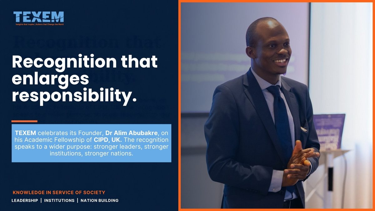 Texem_UK's tweet photo. Recognition is not the destination. It is a responsibility. 🌍

#TEXEM celebrates our Founder, Dr Alim Abubakre, on being named an Academic Fellow of the #CIPD, UK, with coverage from ARISE News, THISDAY, Channels TV, Punch and Business Day. https://t.co/UfqNzM8s3h