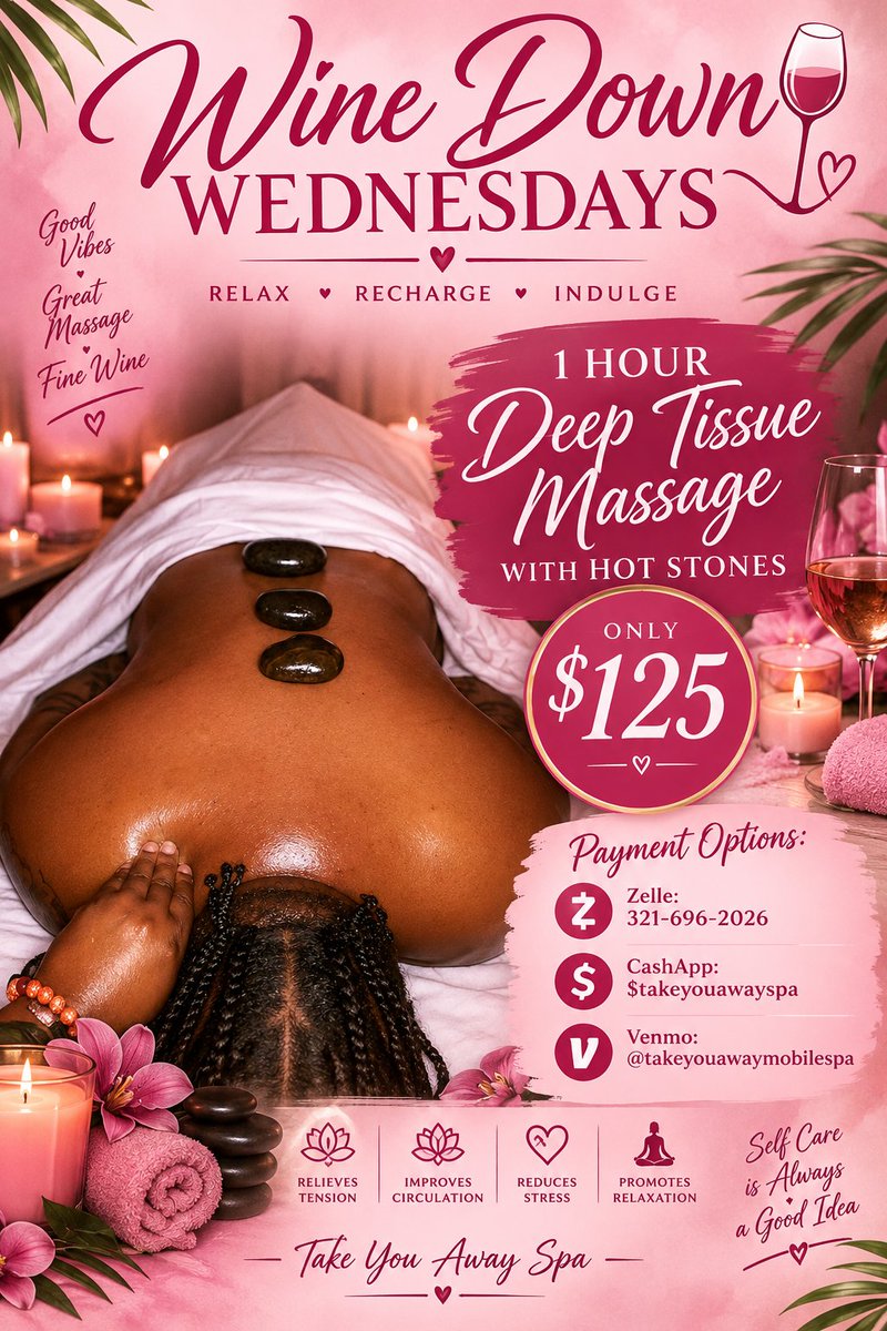 TakeUAwaySpa's tweet photo. It's Wine Down Wednesday 🍷💆🏿‍♀️✨️✨️
Book Now ✨️ 
https://t.co/gMwKZfL8J5 https://t.co/PS3SNO7Izl