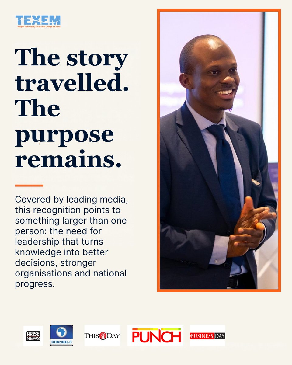 Texem_UK's tweet photo. Recognition matters most when it enlarges responsibility.

TEXEM Founder, Dr Alim Abubakre, has been recognised with Academic Fellowship of CIPD, UK, with coverage by ARISE News, THISDAY, Channels TV, BusinessDay, Punch, The Nation and NAN.

#TEXEM #CIPD https://t.co/BDp5Phi6Ai