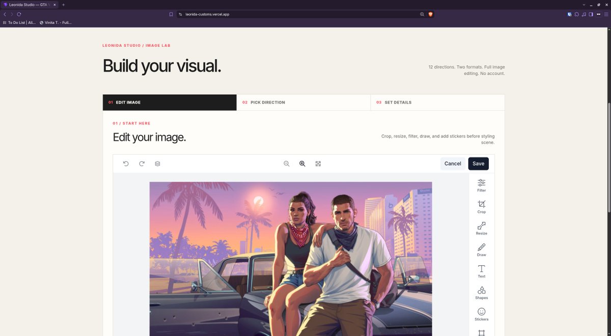 Capta1nCodes's tweet photo. Built Leonida Studio with @unlayer's Build with React Image Editor Challenge!
GTA VI-inspired image studio with 12 visual directions and 16:9/9:16 PNG exports.
Powered by https://t.co/MLiHfUv011.
Check out their work: https://t.co/BUB7G3tDNw
#BuiltWithImageEditor https://t.co/teUjiNZ5bm