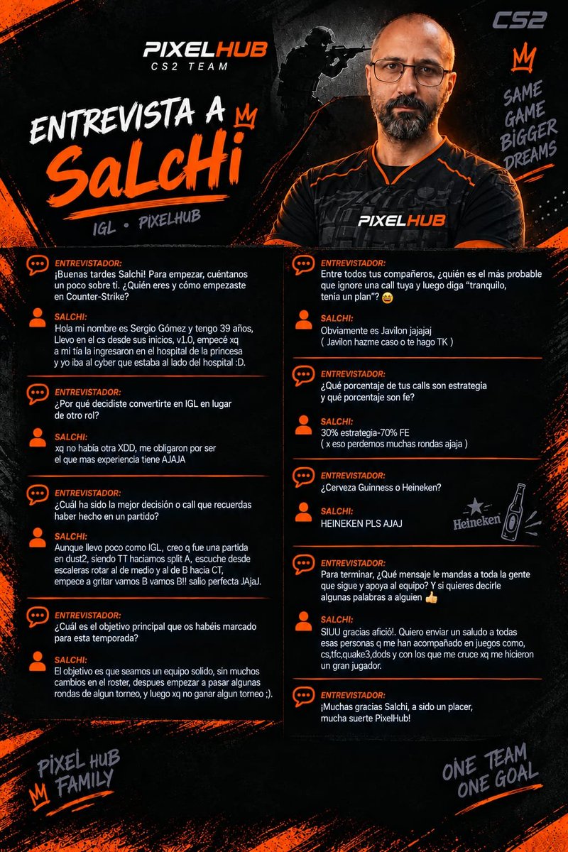 PixelHub_cs2's tweet photo. 🎙️ ENTREVISTA PIXELHUB

Hemos sentado a SaLcHi delante de las cámaras y le hemos hecho unas cuantas preguntas…

Spoiler: 30% estrategia, 70% FE. 😂

Descubre todo lo que nos cuenta nuestro IGL 🧡🖤

#PixelHub #CS2 #CounterStrike2 #Esports https://t.co/tSQNH3qhOV