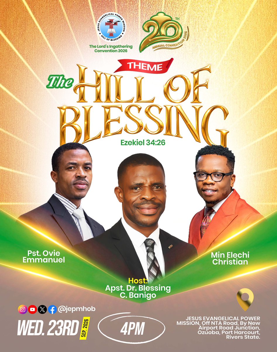 Jepmhob's tweet photo. Day 4!
Ministering tonight 🔥

✅ Apostle Blessing Banigo
✅ Min. Ovie Emmanuel
✅ Min. Christian Elechi

#TheLordsIngatheringConvention
#ApostleBanigo 🗣️
#ApostleBanigoEvangelisticMovement 🗣️
#JesusEvangelicalPowerMission 
#TheJepmite ✊ https://t.co/4CCQldZK3X