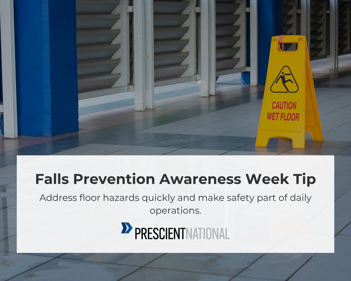 PrescientIns's tweet photo. Spills, wet floors, loose mats, clutter, cords, and uneven surfaces can turn everyday movement into a workplace injury risk. Address hazards quickly and make safety part of daily operations.

#FallsPreventionAwarenessWeek #WorkplaceSafety #RiskManagement #SlipTripFallPrevention https://t.co/MAftsROhvp