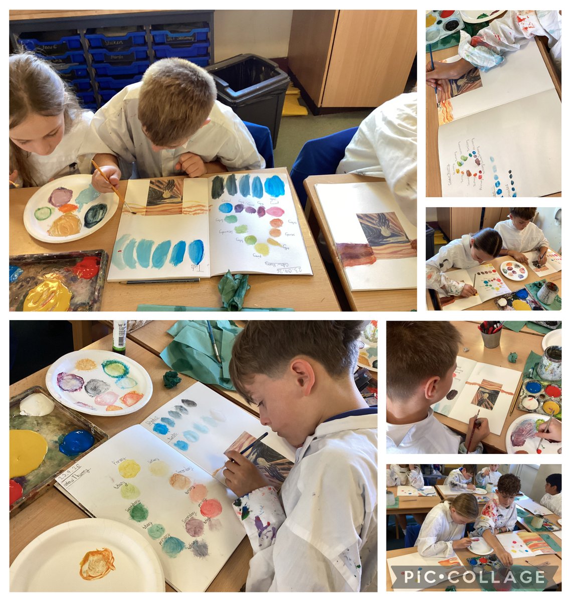 JCAWakefield's tweet photo. Year 6 have had a brilliant art lesson learning all about colour theory. We have then used this to help us use tints and shades to work on our background of 'The Scream' @JCA__Art https://t.co/iVLozYwDY2