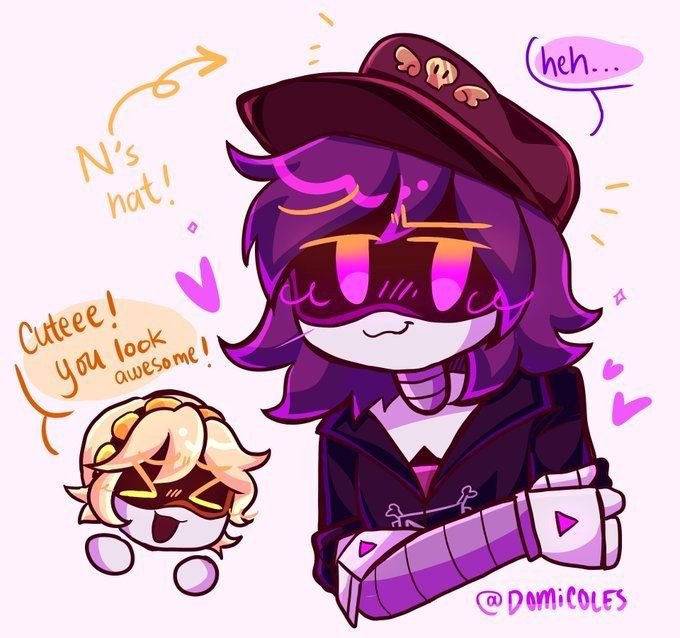 UzinChaos_'s tweet photo. Borrowed N’s hat and now she’s trying so hard to play it cool 💜..... 
#MuderDronesFanArt #UziDoorman #Nuzi https://t.co/PYFGjCzagC