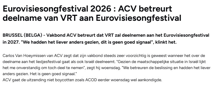 12_TPDP_12's tweet photo. 🇧🇬 #ESC2027 #Burgas #songfestival #eurovision #ESC #UnitedByMusic
Christelijke vakbond #ACV betreurt deelname van @VRT aan het festival, maar gaat de uitzendingen in mei niet boycotten (bron: @BelgaNewsAgency) https://t.co/iGTjDrNfcL