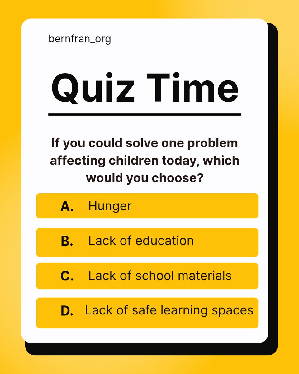 bernfran_org's tweet photo. Let's see how well you know the challenges children face. Drop your answer below 👇 
_
_
_
#verydarkman #BBNaija #NAFDAC #Kwankwaso #PeterOkoye #UNGA #Signed #Wike #PrisonBreak #Bugatti #Rivers #Amen #Pexo #Itel #Xphere #PJMasks #Susan #Collins #KingSunnyAde #Trump  #PASS https://t.co/b1e04QPazb