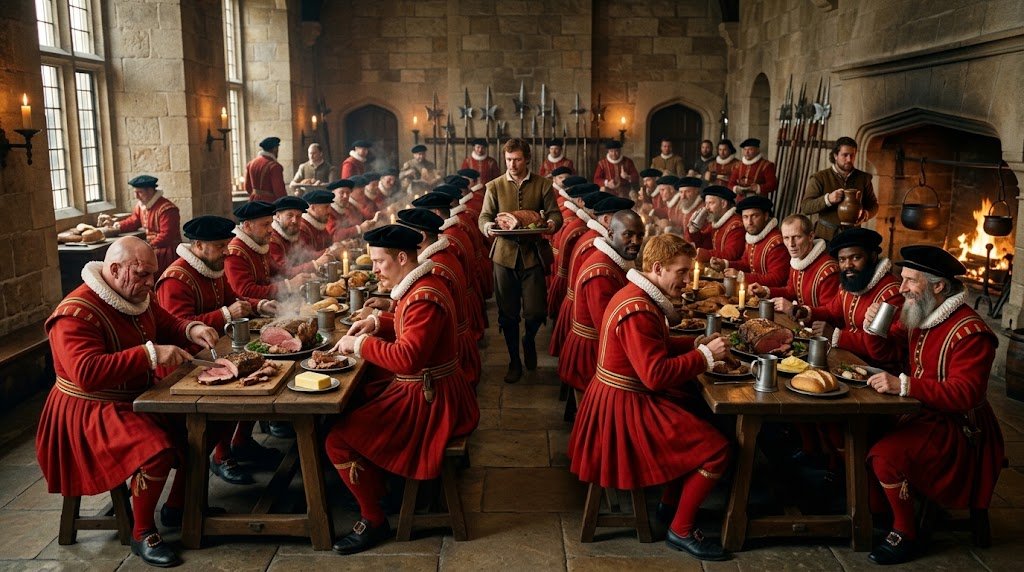 SamaHoole's tweet photo. The men guarding the King of England were fed so much beef that a visiting Italian duke assumed it was their job title.

Cosimo de' Medici came to London in 1669 and was shown the Yeomen of the Guard, and wrote home that a very large ration of beef was given to them daily at court, and that they might be called beef eaters. He thought he was being witty. The nickname had already been going a hundred years: a plotter confessing in 1571 refers to the Queen's bodyguard simply as the Beefs. By the 1600s foreigners were using beefeater for the English in general, in the way a man might now say pie eater about a town in Lancashire.

The ration survives. In the household accounts up to 1813, 30 men mounted guard at St James's each day, and the daily table for those 30, plus a messenger and a servant, was 24 lb of beef, 18 lb of mutton, 16 lb of veal, 2 lb of butter, 36 loaves and 27 gallons of beer, 28 in summer on account of the heat. Vegetables in sufficient proportions and the best in season, the clerk added, in the tone of a man listing the garnish.

Do the sum. 58 lb of meat between 32 mouths is not far off 2 lb each, every day, cooked in the royal kitchen and served in two sittings. On the King's birthday and whenever the guns fired the beef allowance alone went up to 216 lb.

They were chosen for size. That was the entire job specification of a royal bodyguard for 300 years: be the biggest man in the room and stand between the King and the door. And the Crown, which had every physician in England on call and access to whatever theory of diet it fancied, fed its biggest men on beef, mutton and veal by the stone, with butter, and did not vary this for 3 centuries.

The Tower warders inherited the name because they wore the same coat and the tourists could not tell them apart. They still wear it. It is on a bottle of gin.

The Crown never once fed its bodyguard a lentil, and it kept a written record of the fact, and the record says beef in the first column.