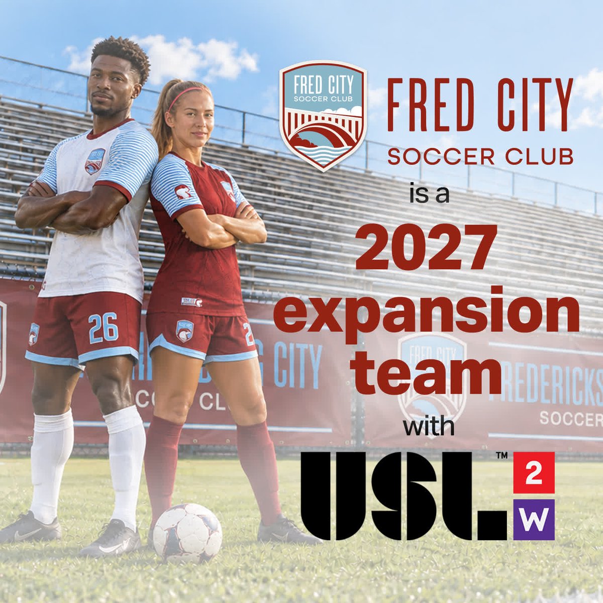 FredCitySC's tweet photo. Fred City joins USL men's @USLLeagueTwo and women's @USLWLeague as 2027 expansion teams!
• https://t.co/5pWJudq6pG
• https://t.co/mct2pe8acX
#FredCitySC #USLLeagueTwo #Path2Pro #USLWLeague #WomensSoccer https://t.co/Vg56eHmgs9