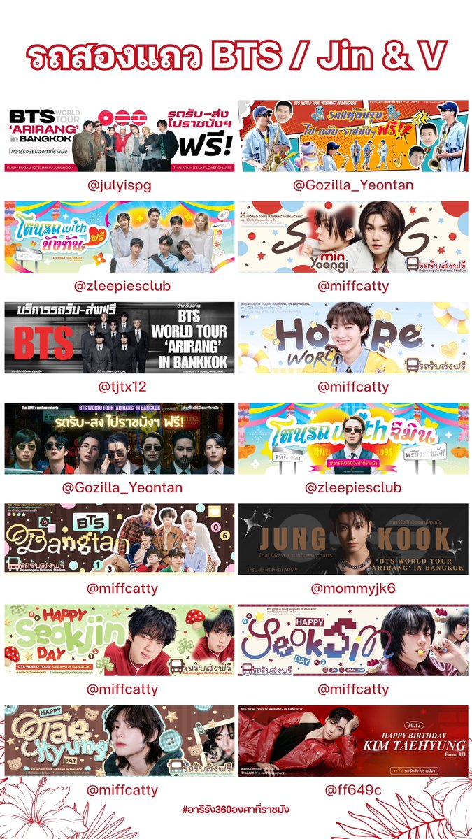 sunflowercharts's tweet photo. ผลโหวตป้ายรถแห่ 2 คัน และรถสองแถว 7 คัน ออกมาเป็นที่เรียบร้อยแล้ว 🥳🎉 #อารีรัง360องศาที่ราชมัง #BTS_WORLDTOUR_ARIRANG_BANGKOK

ขอแสดงความยินดีกับอาร์มี่ทั้ง 10 คนที่ได้รับคัดเลือกผลงานด้วยนะคะ

@autumnfilm_
@hobiars
@miffcatty
@iborahaeubabe
@julyispg
@Gozilla_Yeontan
@zleepiesclub
@tjtx12
@mommyjk6
@ff649c

ขอขอบคุณทีมศิลปินอาร์มี่ทั้ง 46 คน ที่ร่วมส่งผลงานถึง 249 ชิ้น สำหรับโปรเจกต์ ‘อารีรัง 360° ที่ราชมัง’ ในครั้งนี้ และขอบคุณคะแนนเสียงจากอาร์มี่ 2,233 คน ที่ร่วมโหวตผลงานดีเด่นเพื่อเป็นตัวแทนประเทศไทยในการต้อนรับบังทันสู่บ้านเพื่อนเก่าในรอบ 7 ปีด้วยเช่นกันค่ะ

💜