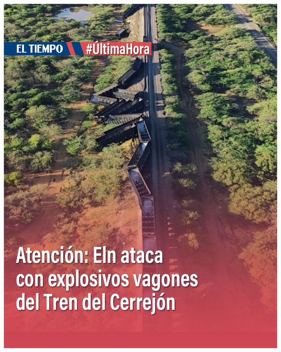 ELTIEMPO's tweet photo. 🔴🚨#ATENCION | Eln atacó con explosivos el tren del Cerrejón.

Más de 10 vagones se descarrilaron tras una acción registrada en el corredor férreo, el tren no transportaba carga al momento del ataque. 

Tropas del Ejército llegaron al punto y, junto con equipos antiexplosivos, realizan verificaciones para establecer si quedaron más artefactos en la zona.

Le dejamos más detalles: https://t.co/hzbPTCcKrp

📸: Ejército