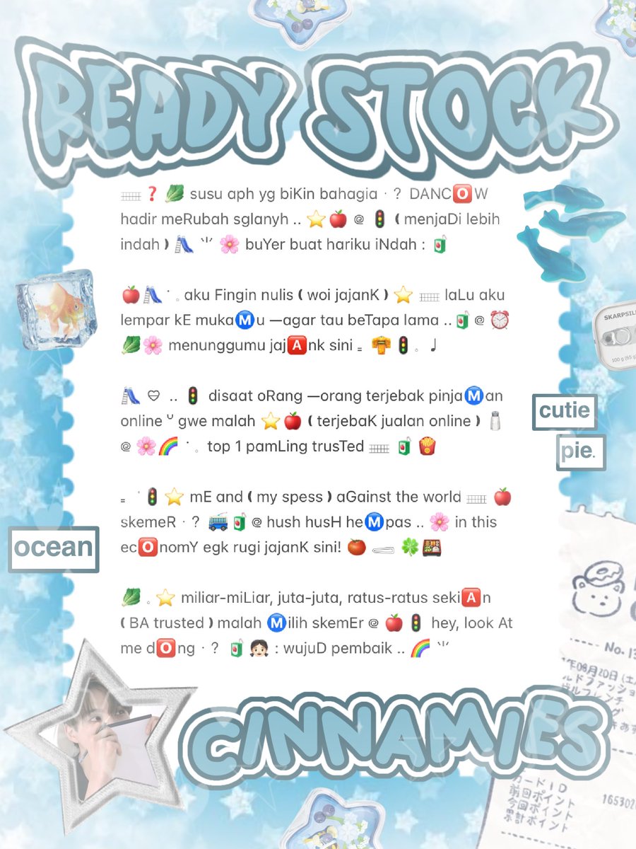 cinnyamies's tweet photo. ╭┈  ֹ   help repost? thankies, sweetie 🐳

{ II } ׁ ๑ 🪽.. haii, timan — timun ?! naka punya wording ready stock nih 𓏏𓏏 ִ ⊹  bio 3.500/each 𖢷 ׅ  ࣪  ⸝⸝ greetings, done pay, bio wabis 5.500/each💧🦴 yuk, ping chat:ie aku &amp;. take sekarang juga   𓈒˚ >___^ 

#bealanjaㅤ https://t.co/nBGvcA5L1C