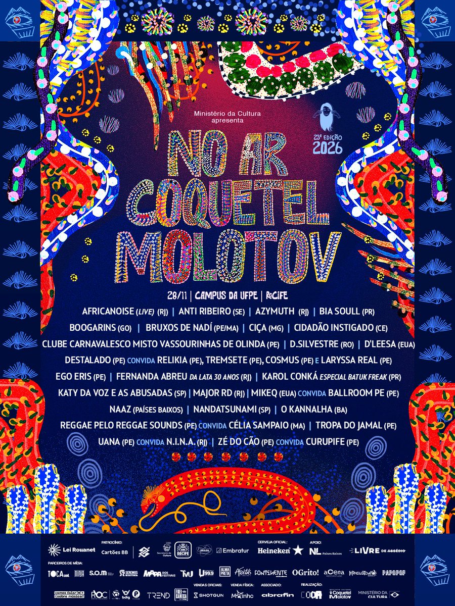 noarcm's tweet photo. 3 palcos. Mais de 12 horas de festival. Mais de 30 artistas. DÁ PRA TU?! 🪩

A 23ª edição do @noarcm crava mais um line-up de curadoria afiada, diversidade, sonho e realização.

28 de novembro, esperamos por vocês no Campus da UFPE, em Recife. 🔥

🎟️ https://t.co/tlh5Di0FMw https://t.co/U5PoqLX7j7
