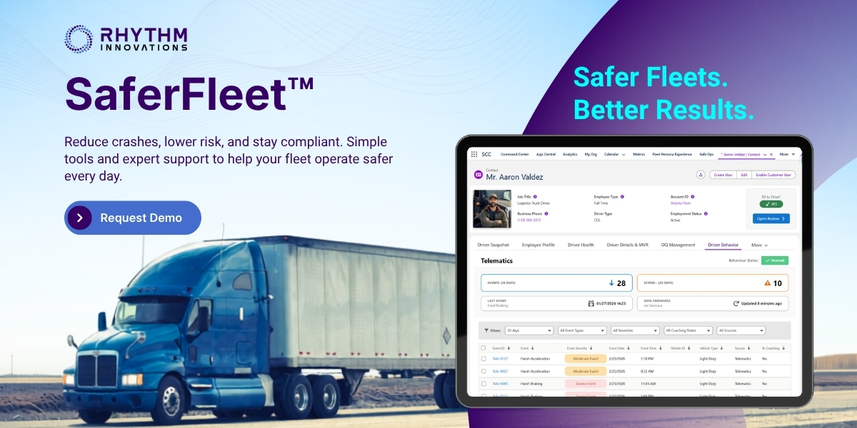 rhythm_risk's tweet photo. How well do you actually know your drivers? Not their names and CDL numbers but whether they're fit to drive now. SaferFleet™ puts every signal in one place, telematics, MVRs, compliance, and behavior so the answer is never a guess. see it in action → https://t.co/mir2QaBx73 https://t.co/Sokt2O6zyo