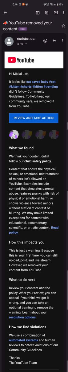 mbstudio37's tweet photo. Same day, two emails from YouTube. First: "This is just a warning — it's your FIRST time, keep uploading." Hours later: "SEVERE violations — channel PERMANENTLY removed." Same video, two opposite verdicts. Robots shouldn't judge creators. #FairReviewForCreators https://t.co/owuf1J5tUI