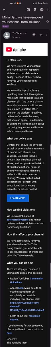 mbstudio37's tweet photo. Same day, two emails from YouTube. First: "This is just a warning — it's your FIRST time, keep uploading." Hours later: "SEVERE violations — channel PERMANENTLY removed." Same video, two opposite verdicts. Robots shouldn't judge creators. #FairReviewForCreators https://t.co/owuf1J5tUI