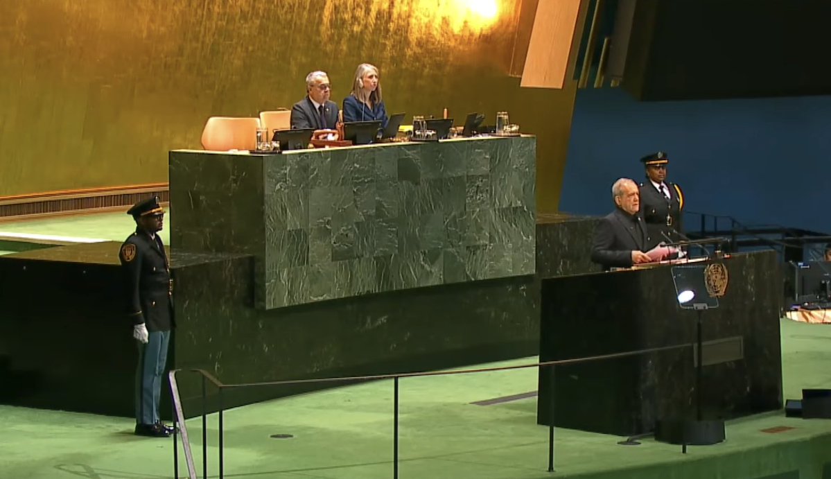 Narjes_Rahmati's tweet photo. President Pezeshkian has begun his address at the UN General Assembly https://t.co/jA7xYheigD