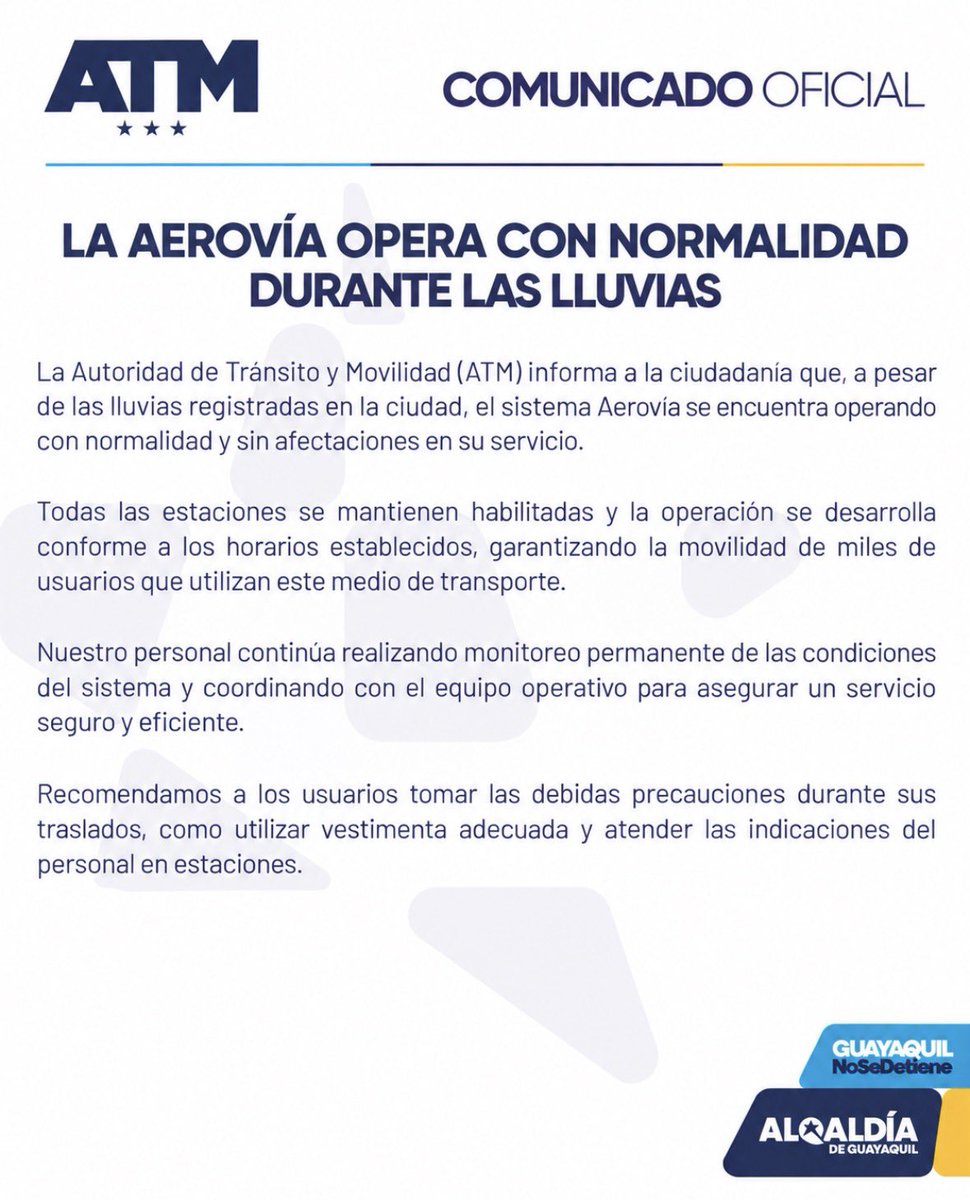ATMGuayaquil's tweet photo. La Aerovía opera con normalidad durante las lluvias. https://t.co/y0ALNqnwW9