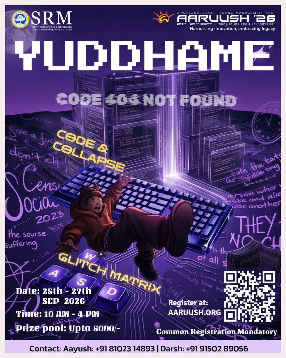 aaruushsrmist's tweet photo. Turn your ideas into action?
Aaruush β26 brings Architecture, Magefficie and Entrepreneurial Symposium, Robogyan, and Yuddhame with challenges that put your creativity to the test.
Think big.
π https://t.co/68uNR8uCoX
#FunEvents #Innovation #seeyouattheevent #Aaruush #SRMIST https://t.co/8EpRuxcuPM