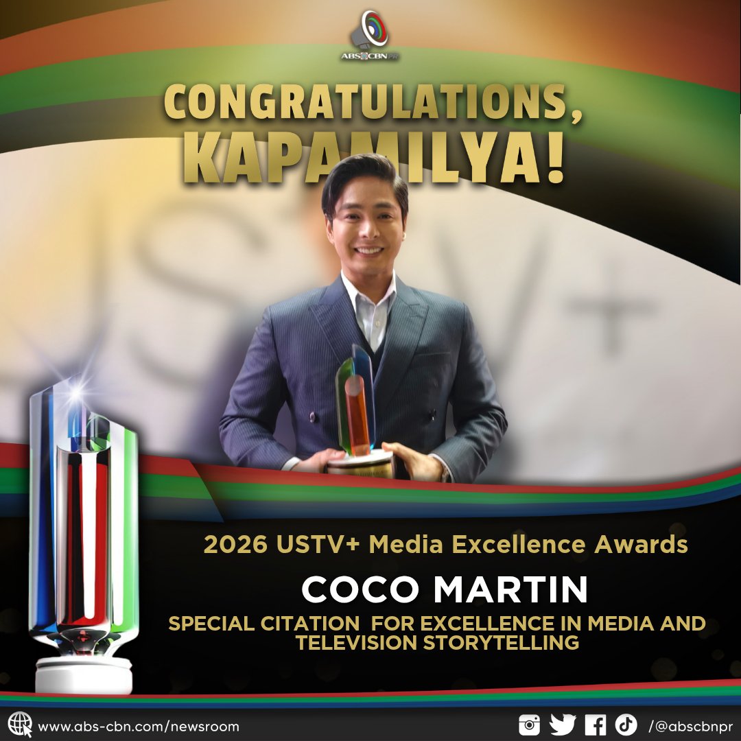 ABSCBNpr's tweet photo. “Ang Hari ng Aksyon sa Ating Henerasyon,” Coco Martin, is presented with the Special Citation for Excellence in Media and Television Storytelling at the 2026 USTV+ Media Excellence Awards. Congratulations, Kapamilya! ❤️💚💙
#ABSCBN #ABSCBNPR #CocoMartin https://t.co/URRO8j4cOd