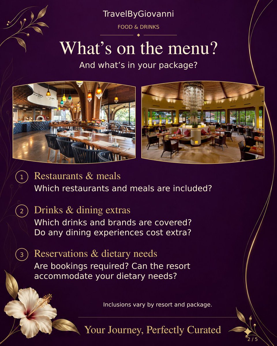 TravelByGio's tweet photo. All-inclusive—but what’s included? 🏝️

Check dining, drinks, activities and extras. Inclusions vary by resort and package.

DM me to explore your options.

Your Journey, Perfectly Curated✨️

#TravelByGiovanni #AllInclusiveResorts #TravelPlanning https://t.co/sOkXwToFwW