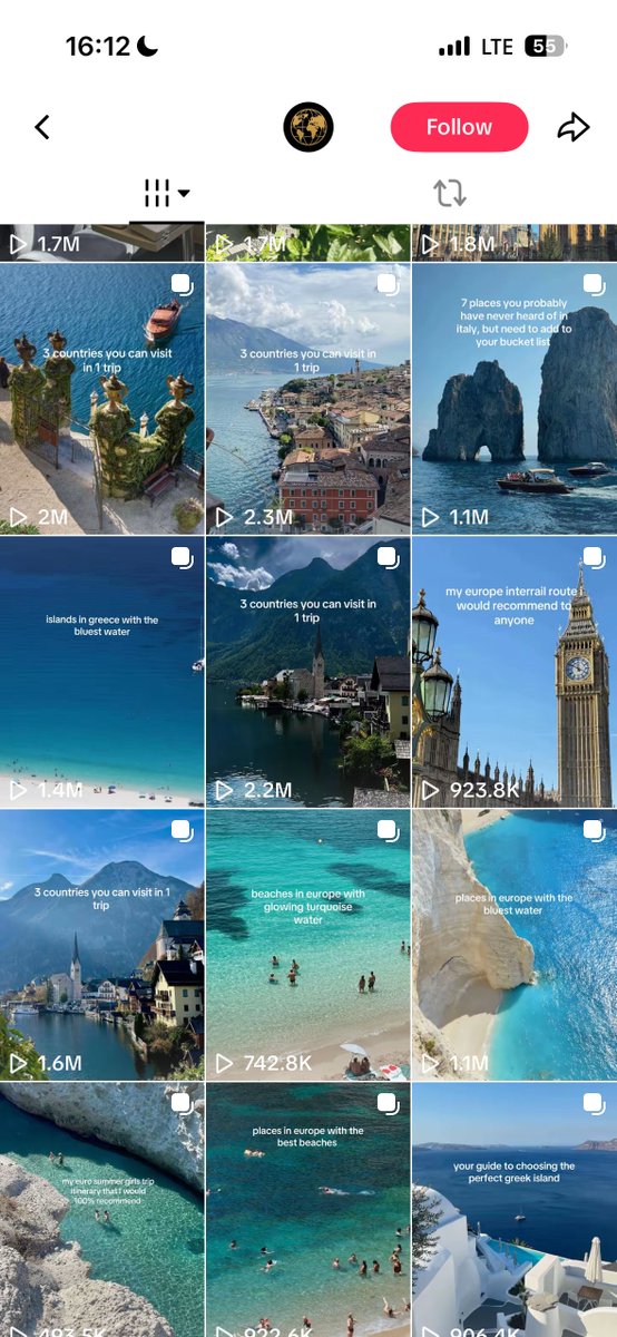 rsalimx's tweet photo. nah bro 😭

read the text on these slides again

"best beaches in greece"

"perfect europe interrail route"

those aren't hooks, they're search queries

people plan trips by searching tiktok now, so these keep pulling views months later from search, long after the fyp push dies

most app accounts write slides for the fyp and nothing else

write your first slide like the exact thing your user types into the search bar and your old posts keep working for you