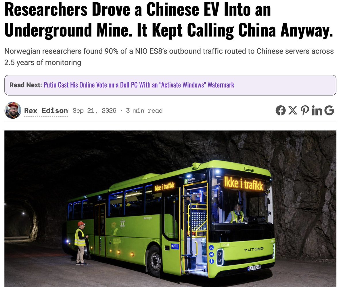 Michael7ucci's tweet photo. Norwegian researchers locked a Chinese EV in an underground mine. It kept calling China.

90% of its encrypted data transmissions went to servers in China, violating EU privacy safeguards.

Assume this is all CCP EVs. We must keep them out of America. https://t.co/HHQSmITDcl https://t.co/xwlL42LMTB
