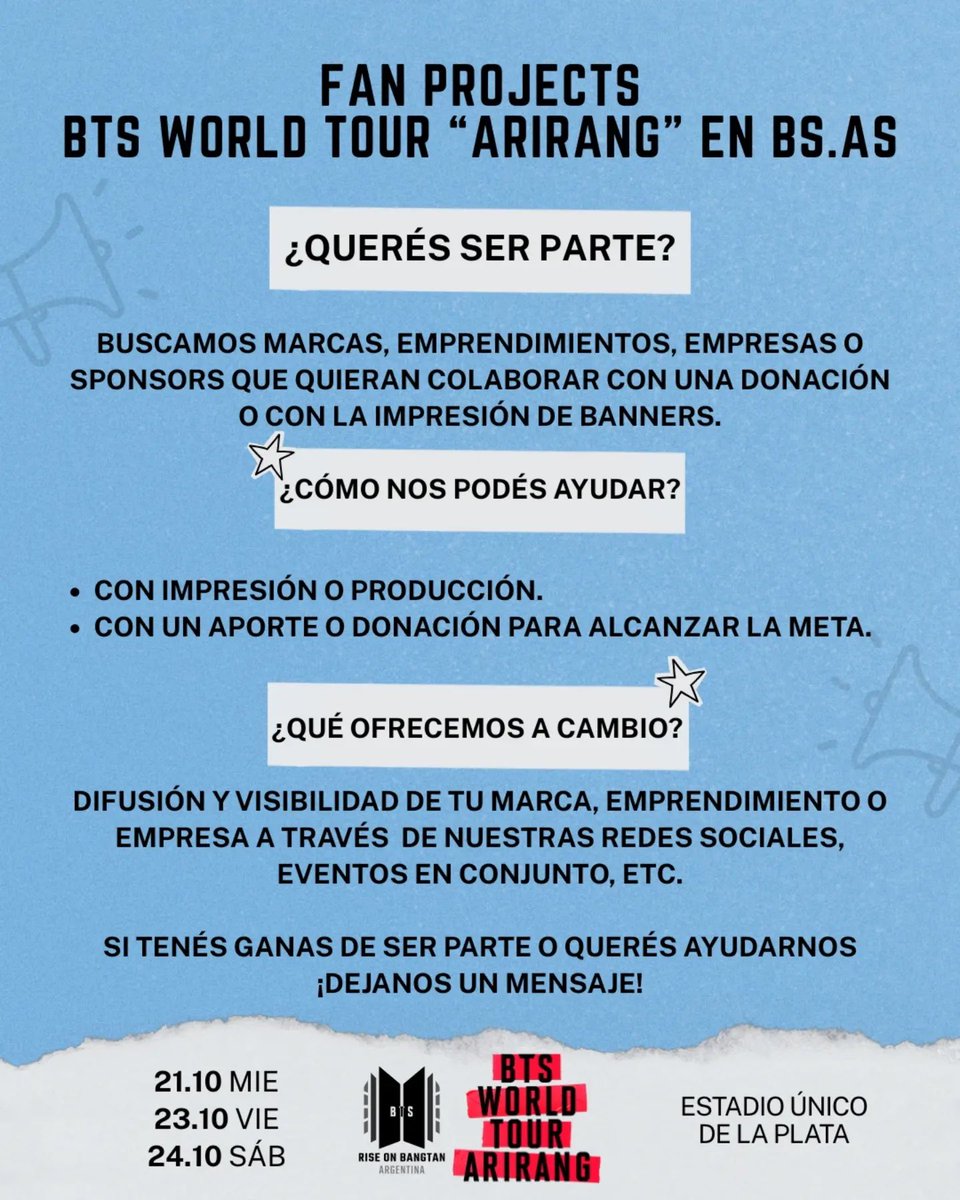 RiseOnBangtanAr's tweet photo. ¡ARGMY 🇦🇷!

Actualizamos la recaudación para los banners de los 3 shows del BTS WORLD TOUR “ARIRANG” en BUENOS AIRES 🇦🇷

⏳ Lunes 12/10, para contar con el tiempo necesario de impresión, corte, preparado y traslado de los banners.

🫂 Para donar:
ARGENTINA 🇦🇷
Alias: RISEONBANGTAN
Titular: Sofia Daniela Blanco
OTROS PAÍSES 🌎
Prex Argentina N° de cuenta: 41037094
Titular: Susana Almiron

‼️ Recuerden que también tenemos activa una RIFA con muchos premios✨
 
Diseños de los banners con sus instrucciones de impresión: https://t.co/9N9xUvn60K

💌 Cualquier consulta pueden enviarnos un DM. 

Y le seguimos agradeciendo a cada persona que aporta su granito de arena desde su lugar 💜 Sabemos que el país atraviesa una situación económica muy difícil, y por eso valoramos muchísimo cada donación. Seguimos trabajando para cuidar cada detalle y lograr que nuestras fechas en el Estadio Único sean inolvidables tanto para BTS como para cada unx de ustedes 💜

(*) el monto total a recaudar ahora tiene sumado el IVA correspondiente!

#BTS #방탄소년단 @BTS_twt @bts_bighit