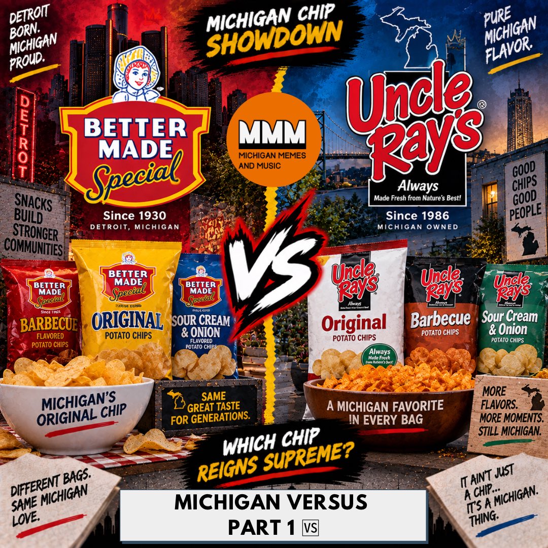 michmemes_music's tweet photo. Michigan chip battle! π₯π₯ Better Made vs. Uncle Rayβs β which one are yβall grabbing first? Michigan Versus PART 1
ππ #Michigan #MichiganFood #BetterMade #UncleRays #MichiganMade https://t.co/o5eHRHMu06