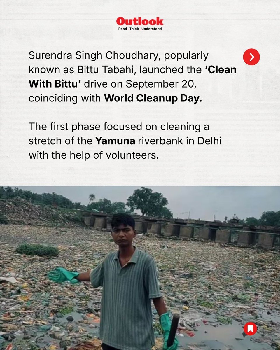 Outlookindia's tweet photo. From the Ajnar River in Madhya Pradesh to the Yamuna in Delhi, Bittu Tabahi’s cleanup mission has expanded across NCR.
His #CleanWithBittu drive brought volunteers together to remove waste from polluted public spaces and raise awareness about river conservation.

[Bittu Tabahi, Clean With Bittu, Yamuna Cleanup, Ajnar River, River Conservation, World Cleanup Day, NCR Environment, Waste Management]

#BittuTabahi #Yamuna #WorldCleanupDay #OutlookIndia
