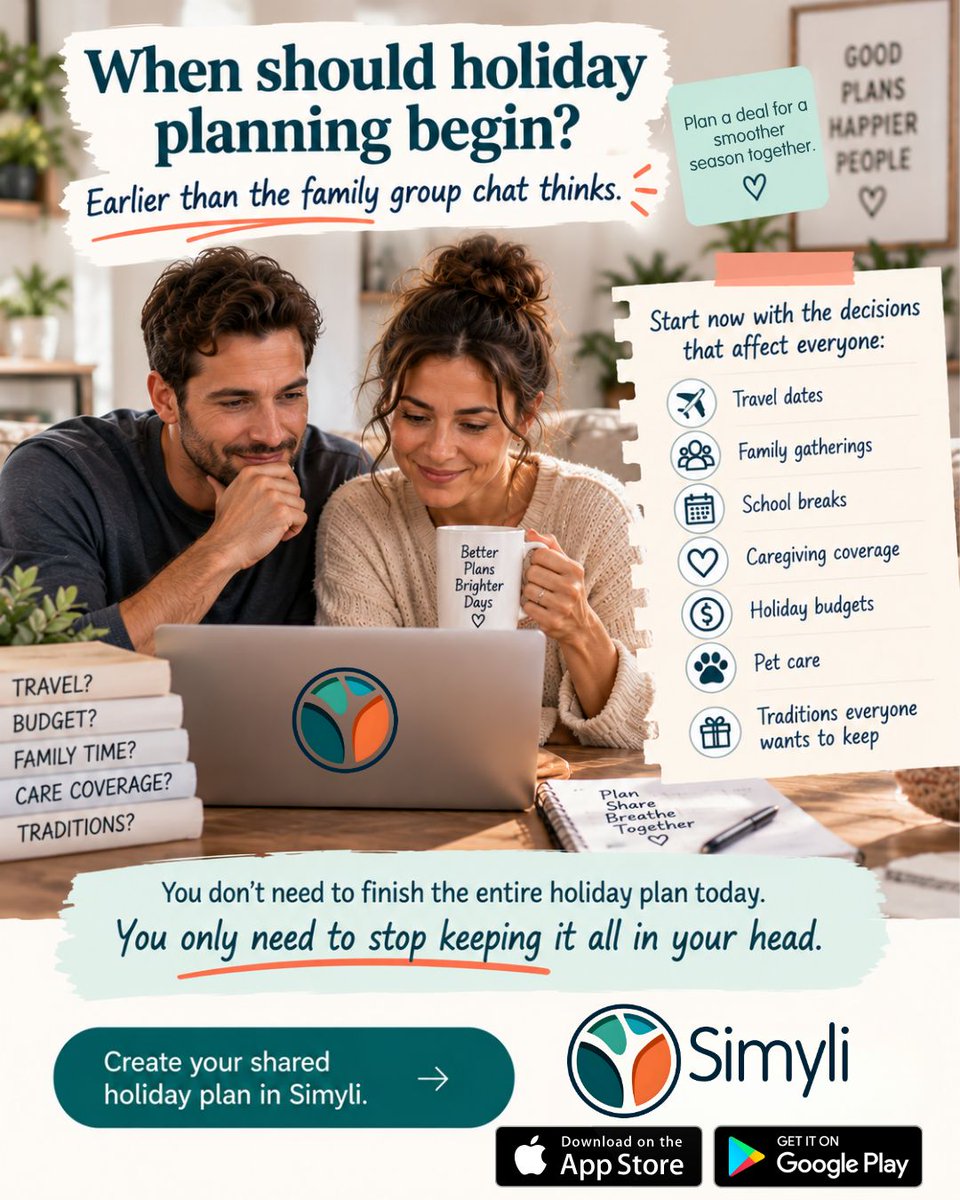 hellosimyli's tweet photo. When should holiday planning begin?

Probably earlier than the family group chat thinks. 😅🎄

📲 Start your shared holiday plan with Simyli.

#Simyli #HolidayPlanning #FamilyPlanning #MentalLoad #HolidaySeason https://t.co/t82K8Pv8yu