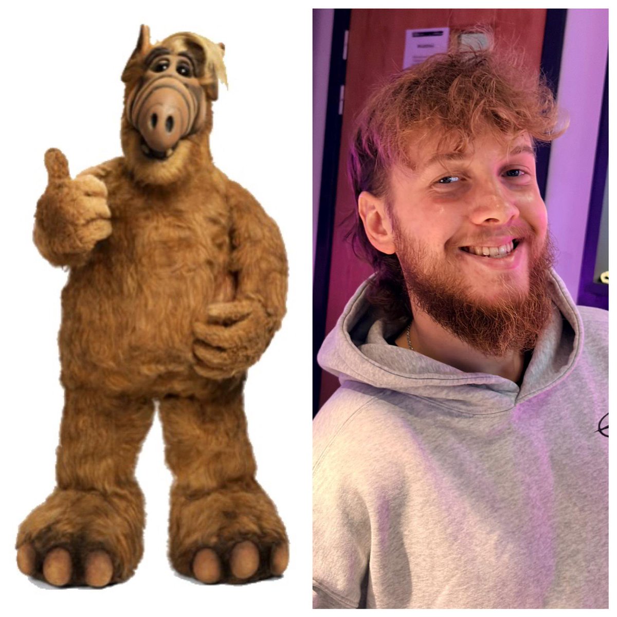 RobPerroneShow's tweet photo. I think producer Luke should get his haircut. It’s too messy and he looks like ALF the TV Alien. Can you work out who’s Luke and who’s Alf in this picture? https://t.co/RfBoOJPlU4