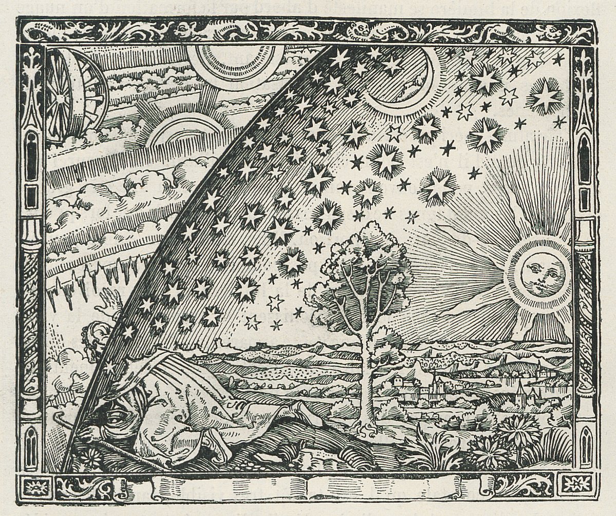 PublicDomainRev's tweet photo. Crouching down to where sky and ground meet, a traveler pushes his head through a gap and into the heavens beyond. 

Known as the “Flammarion Engraving” this image has long stumped scholars: is it a lost Renaissance engraving or a 19th-century pastiche? — https://t.co/DFaVQK970F https://t.co/B6BIoOXZYp