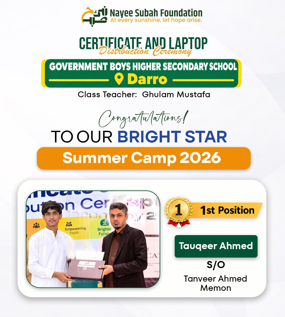 NayeeSubahOrg's tweet photo. Celebrating Excellence at Summer Camp 2026
Congratulations to Touqeer Ahmed, M.Abbas &amp; Sherbano for securing 1st, 2nd &amp; 3rd positions at Govt. Boys Higher Secondary School Darro!
Keep learning. Keep achieving
#NayeeSubahFoundation #SummerCamp2026 #StudentSuccess #DigitalSkills https://t.co/1ldQxiKCZY