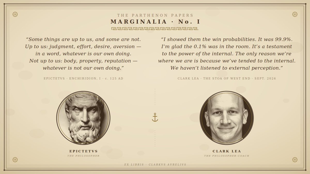 ClarkusAure1ius's tweet photo. In his weekly press conference, the Coach was asked about the miracle, and he answered with the founding sentence of Stoicism.

Epictetus opened the Enchiridion articulating the division between what is up to us and what is not. Everything the Stoics built stands on it.

Nineteen centuries later, a man in Nashville runs a football program on the same foundation, and calls it “tending the internal.”

He did not learn this from Saturday. Saturday was the harvest.

Marginalia, No. I. A new series: the Philosopher-Coach, annotated.

Ancora demissa. ⚓