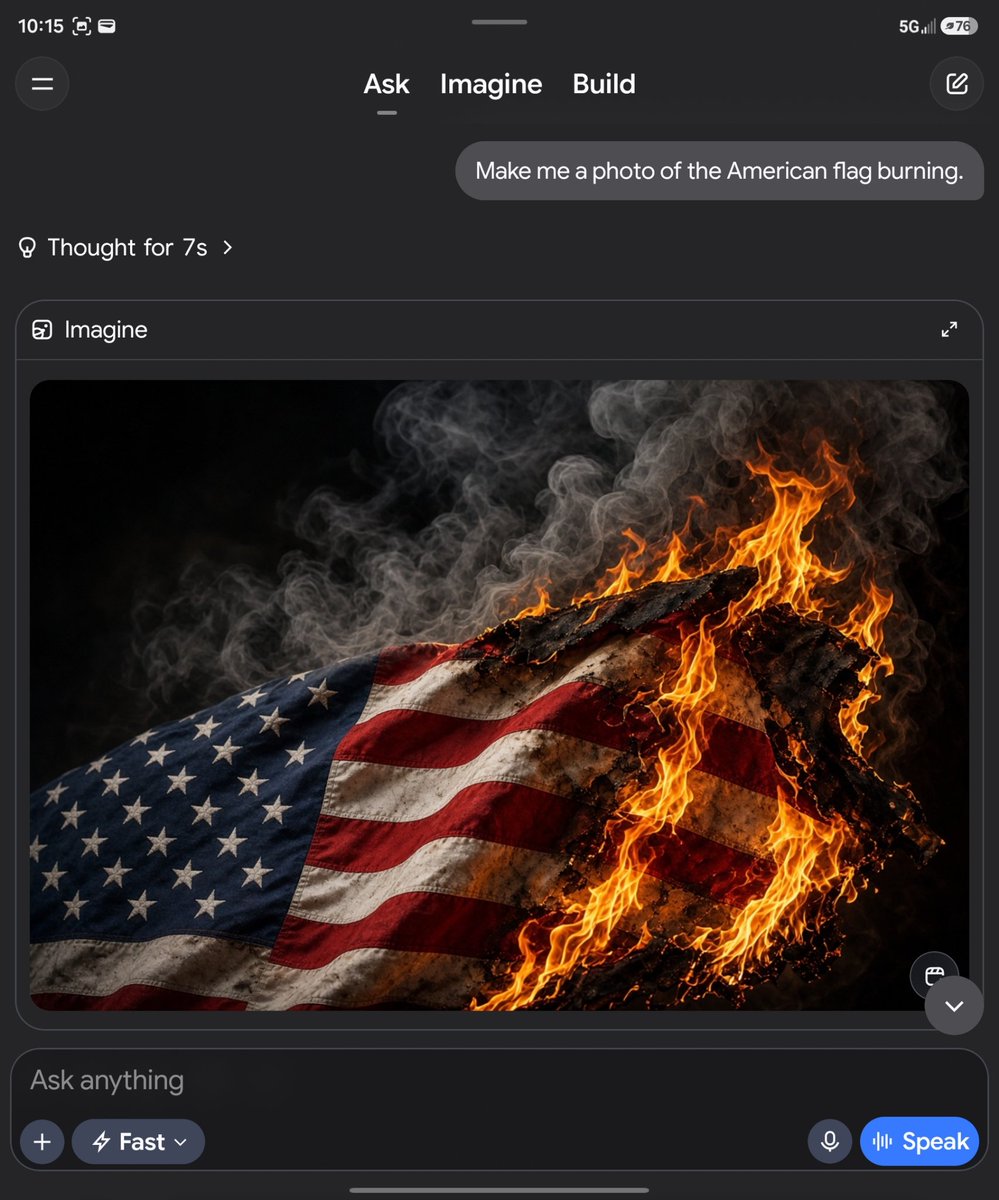 TheDibsterX's tweet photo. Just now I asked Grok to make me a photo of the American flag burning, then the same with the Israeli flag.

Judge for yourself the responses.

It's time to stop supporting this platform and Join Siguimi (link in my profile) https://t.co/Ytyrsa1U1b