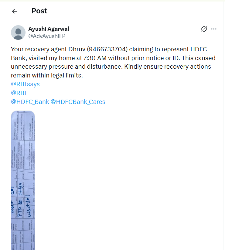 AdvAyushiLP's tweet photo. This agent, Dhruv (9466733704), has again made unauthorised visits — one today and another yesterday. Such conduct is unacceptable and against RBI guidelines. Kindly take strict action and stop further unauthorised visits.

@RBI 

@RBIsays 

@HDFC_Bank
@HDFCBank_Cares
@hdfccards https://t.co/rVswSvdlrv