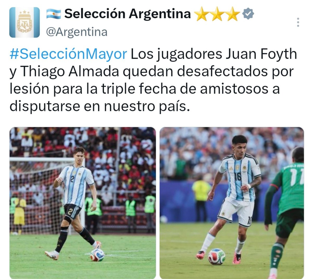 okdobleamarilla's tweet photo. 🚨#ALERTA | Juan #Foyth y Thiago #Almada, desafectados de la #SelecciónArgentina
📌El volante de #River sufrió un desgarro en el partido ante Huracán y no formará parte de los amistosos
📌Misma situación para el defensor del Villarreal que por molestias musculares se pierde la fecha FIFA