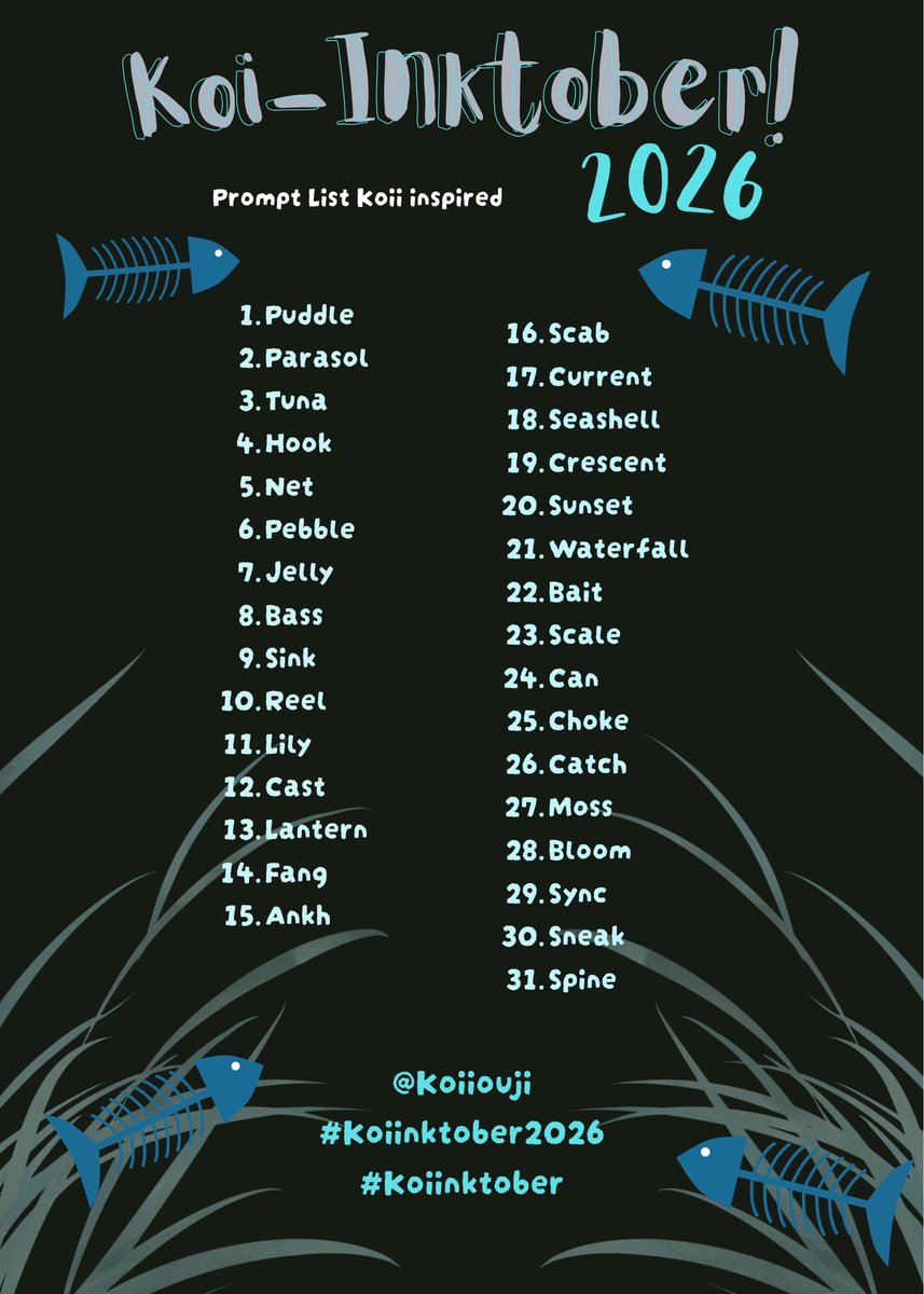 koiiouji's tweet photo. October is coming and I decided to make my own
✨️ Inktober prompt list ✨️ 🎃
I hope you like it feel free to use it and if you do TOTALLY TAG ME!! 
#koiinktober2026
#koiinktober https://t.co/QELJj0yfhN