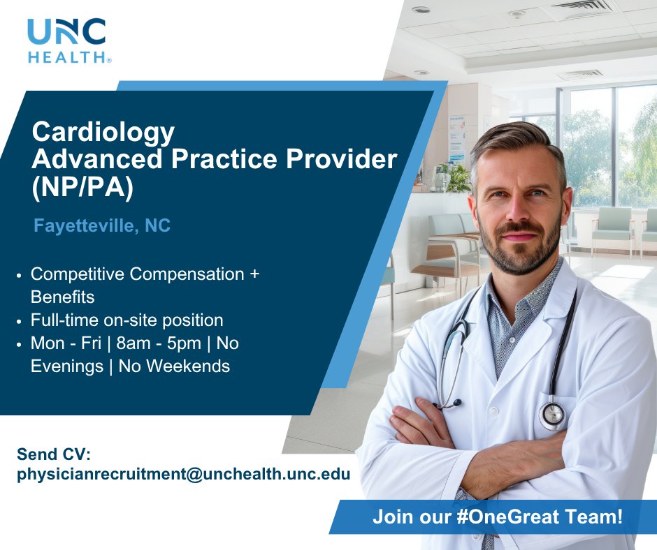 UNCPhysRecruit's tweet photo. 🔊Join our #OneGreatTeam at UNC Health as a Cardiology Advanced Practice Provider (PA/NP) in Fayetteville, North Carolina.

https://t.co/2WNkloxEZ9

#AdvancedPracticeProvider #Cardiology https://t.co/R4CbcfHLIq